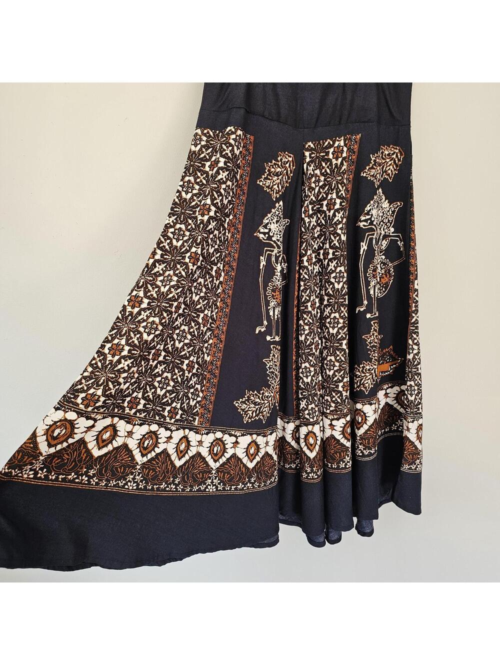 Vintage Indonesian Batik Sundress Wayang Print Cotton Midi Boho Festival Style - Picture 4 of 13